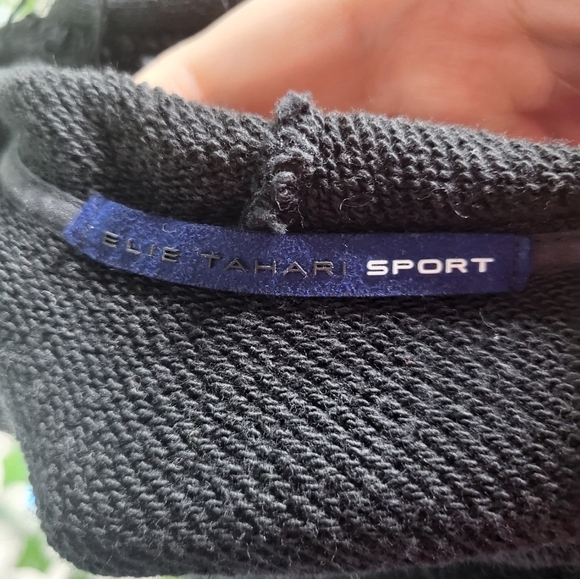 Elie Tahari Sport Mesh Sleeve Raw Hem Black Cotton French Terry Pullover Hoodie - Picture 5 of 11